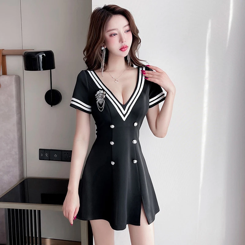 夜总店性感连衣裙女气质海军领裙子ktv足疗足浴spa按摩技师工作服