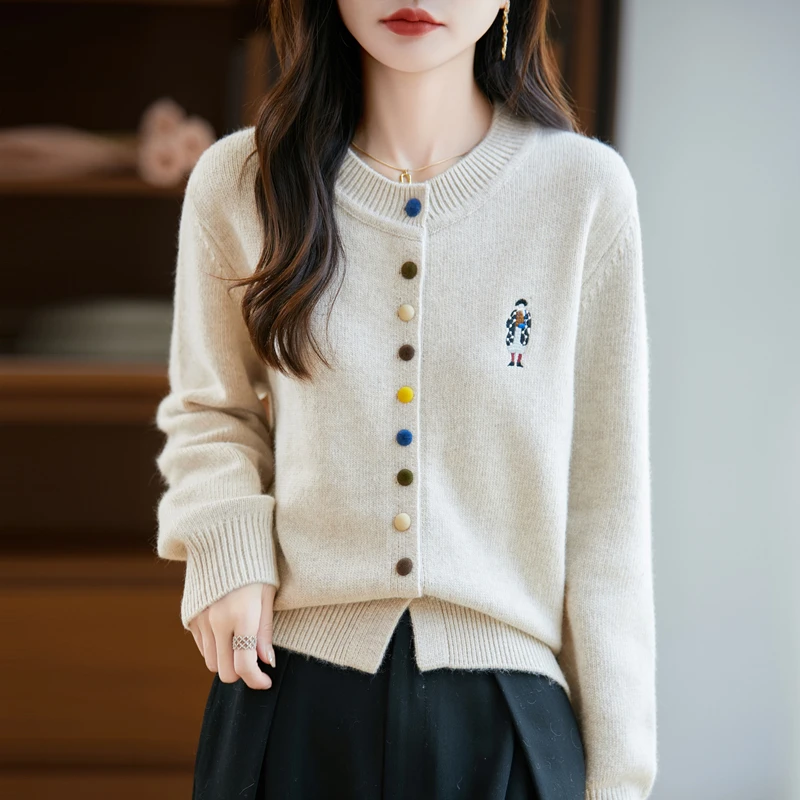 针织女毛针织衫法式彩扣针织开衫针织衫毛衣秋冬新款100%纯羊毛