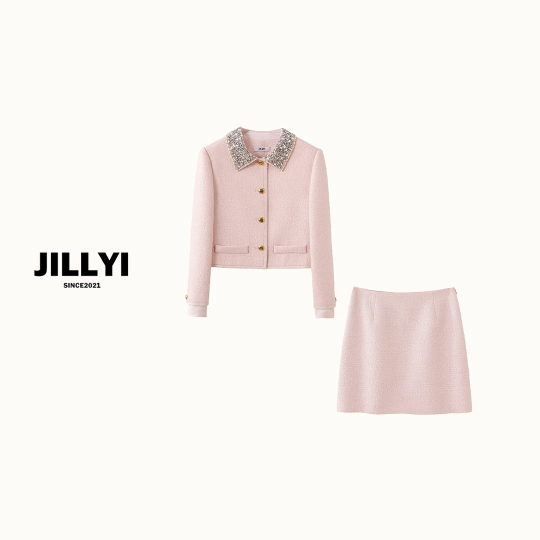 JILLYI南山店【樱花奶冻】粉色亮钻领外套+粉色半裙小香风气质套装