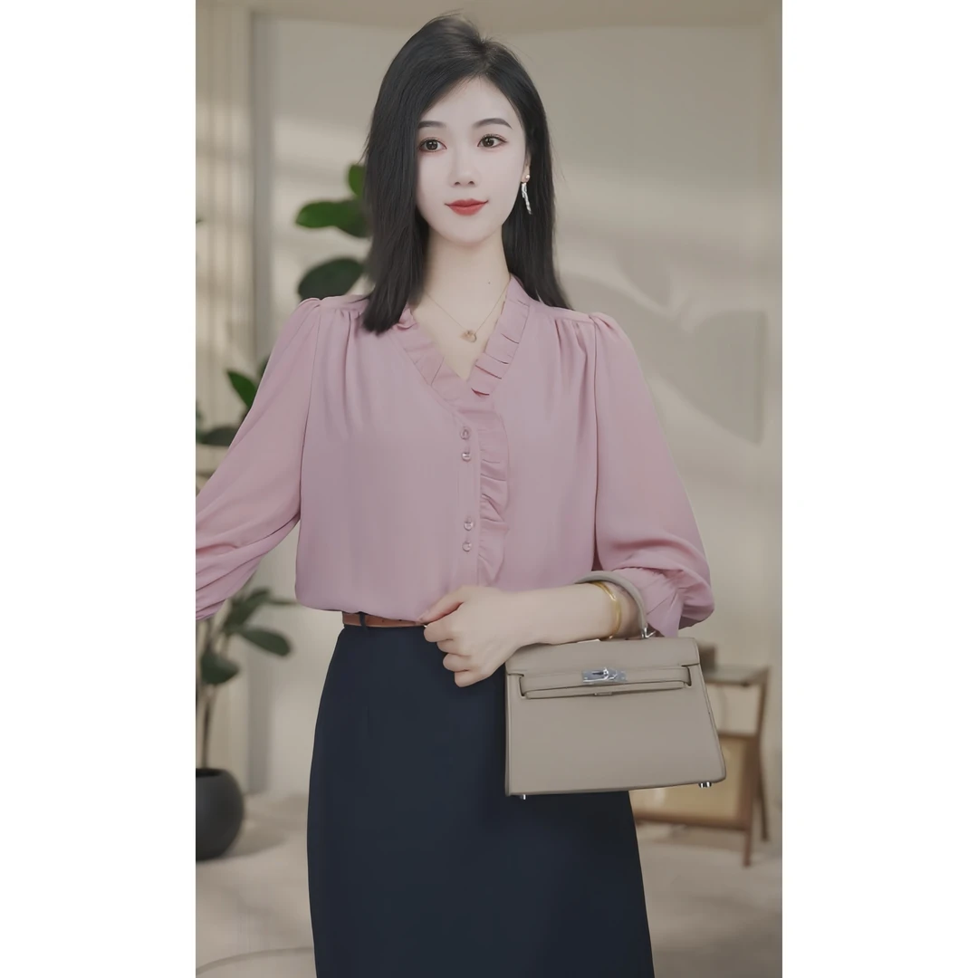 【小北甄选】曼贝8592456蜜桃粉衬衫女中袖法式气质百搭时尚衬衣