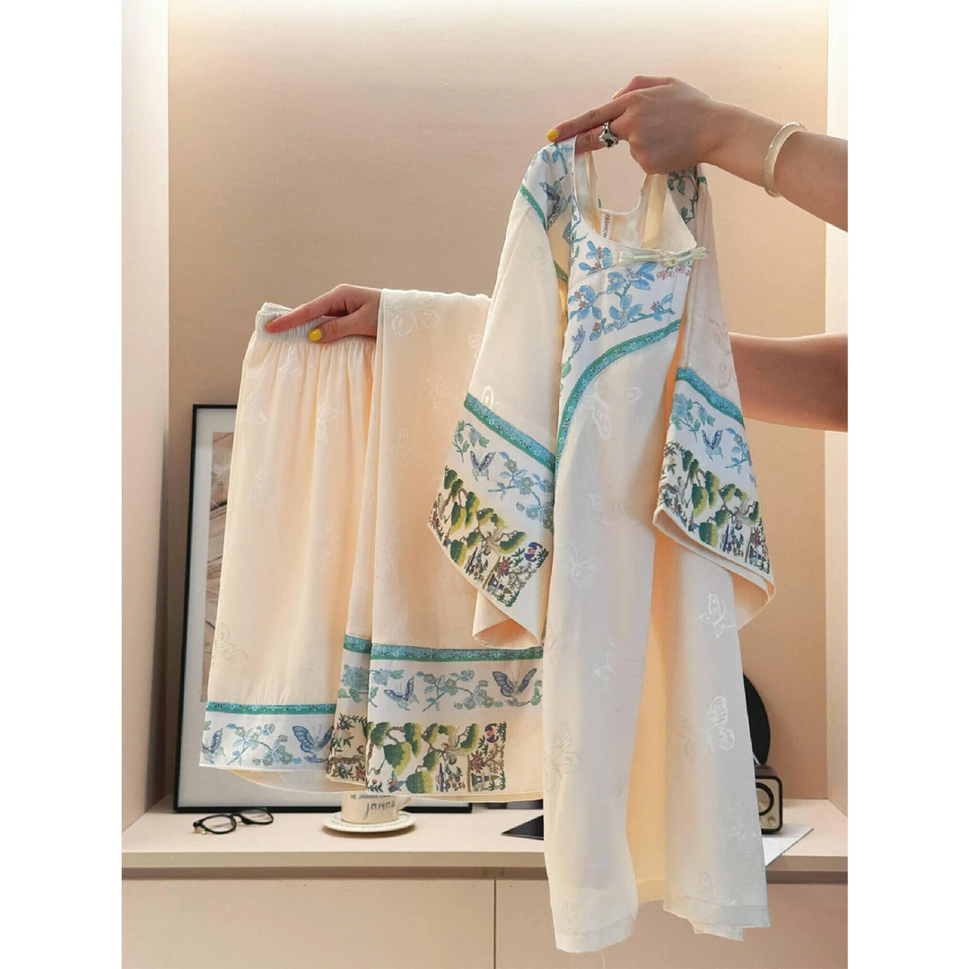 新中式国风高级花卉印花短袖睡衣女款夏季轻奢感家居服套装可外穿