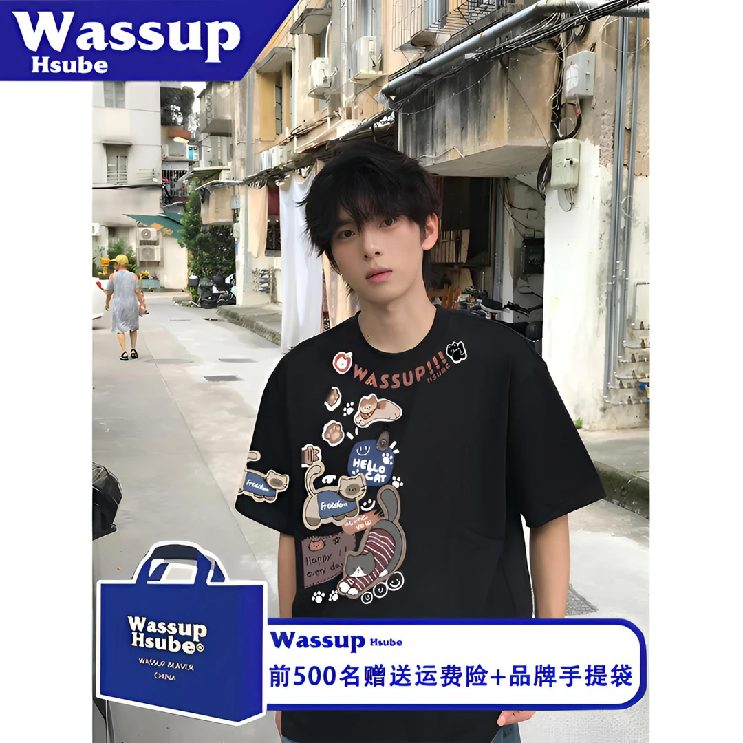 WASSUP HSUBE个性时尚夏季休闲印花短袖T恤男女款卡通贴纸纯棉tee