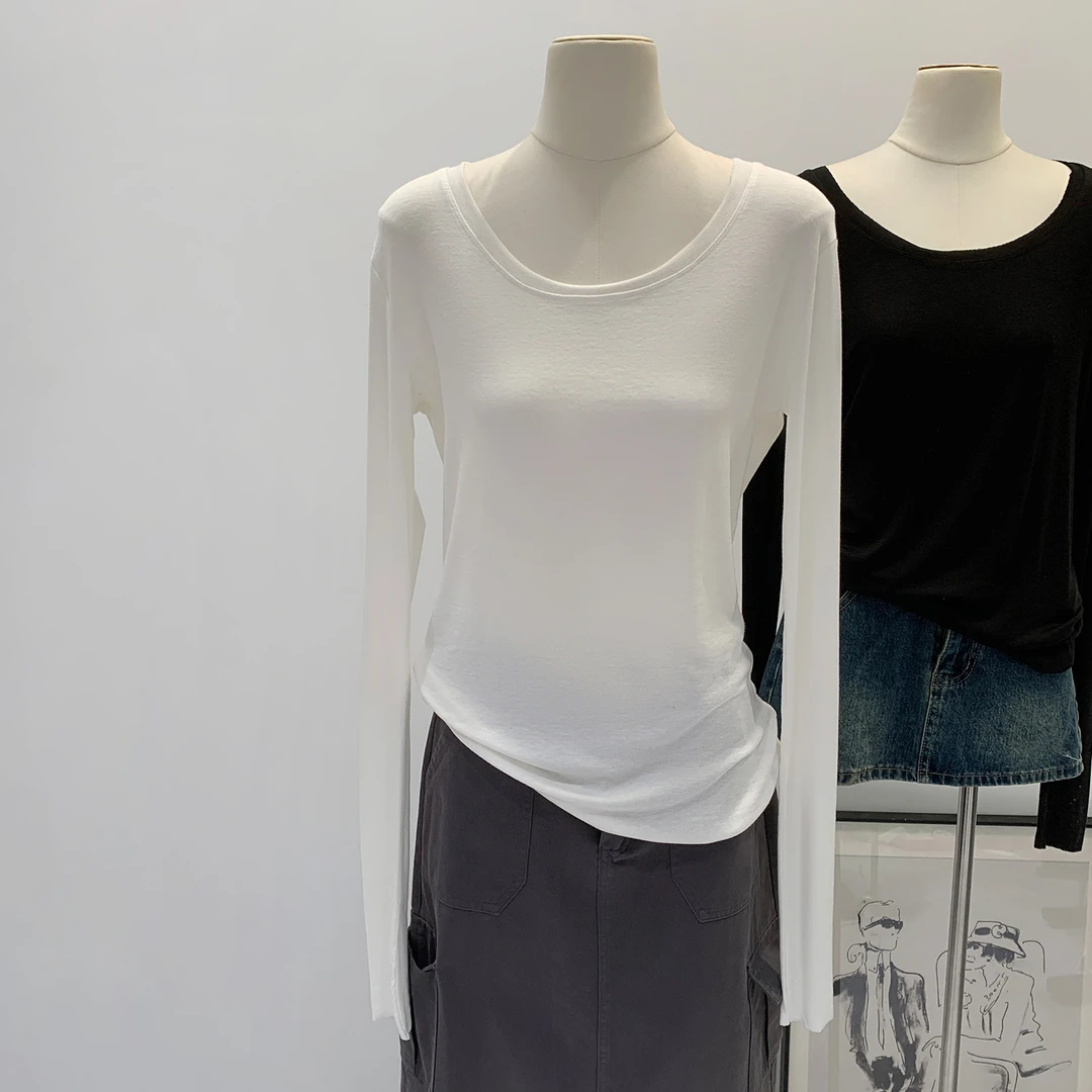 莱赛尔天丝羊毛纯色圆领长袖T恤女2025早秋新款宽松显瘦百搭上衣