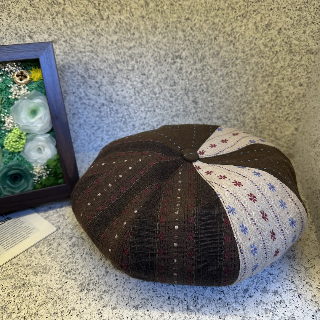 复古美拉德撞拼色亚麻八角蓓蕾帽春夏新宽时尚百搭