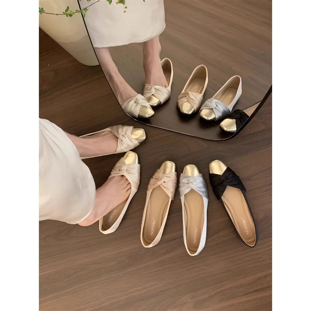 百丽官平底温柔晚风单鞋女鞋年春秋新款浅口拼色通勤百搭法式豆豆