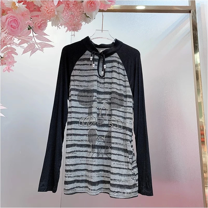 X21542欧美设计师2025早春新款钉珠印染英文字母条纹休闲打底T恤