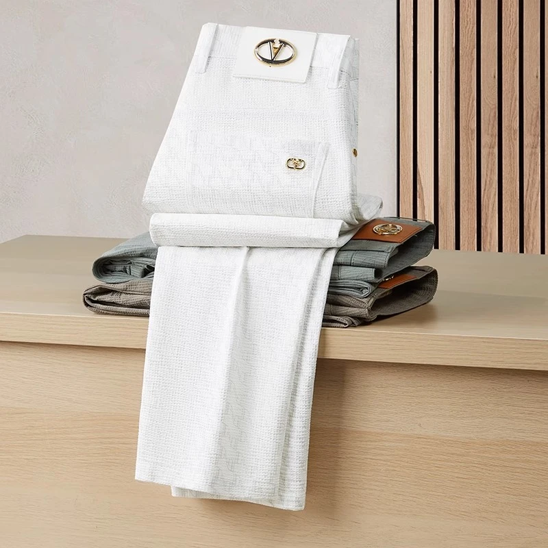 吉伦略索夏季休闲裤男士薄款冰丝凉感高弹力直筒长裤高端提花裤子