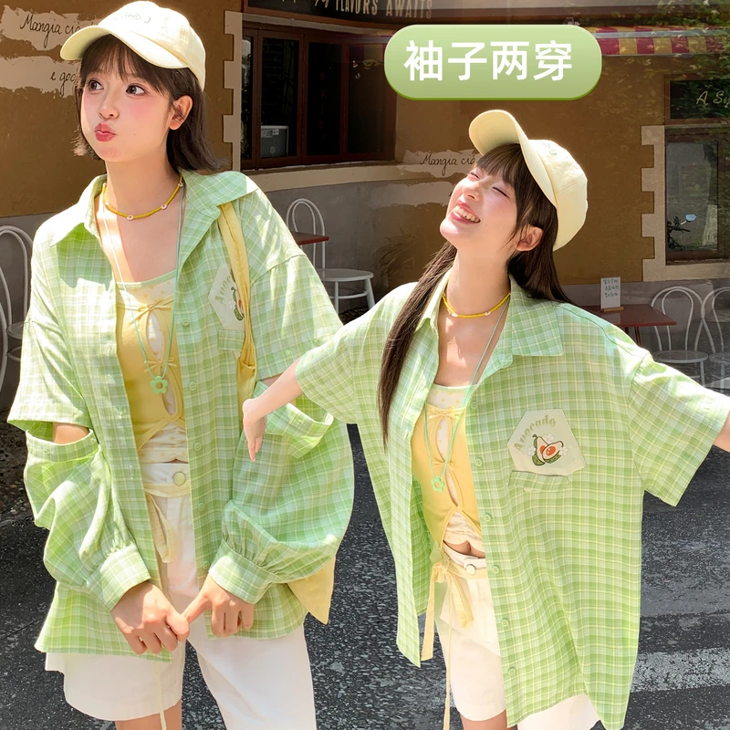 森女部落小清新牛油果格纹日常宽松原创两穿衬衫女2025初夏穿搭
