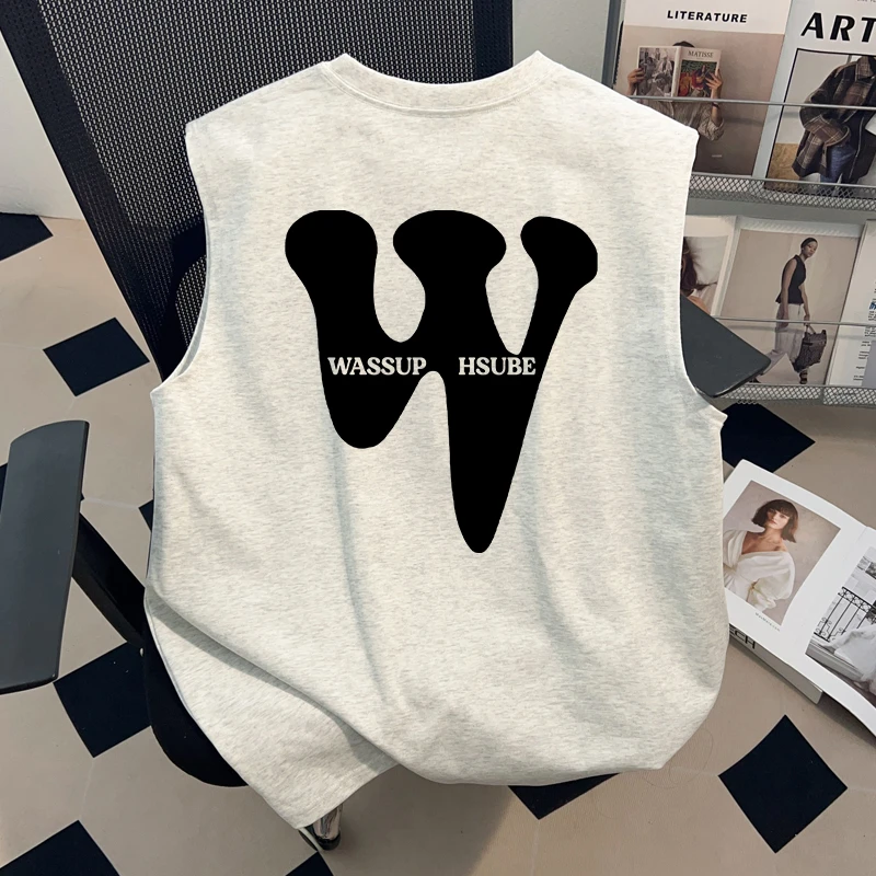 WASSUP HSUBE纯色字母背心男夏季上衣宽松休闲风潮牌重磅纯棉情侣