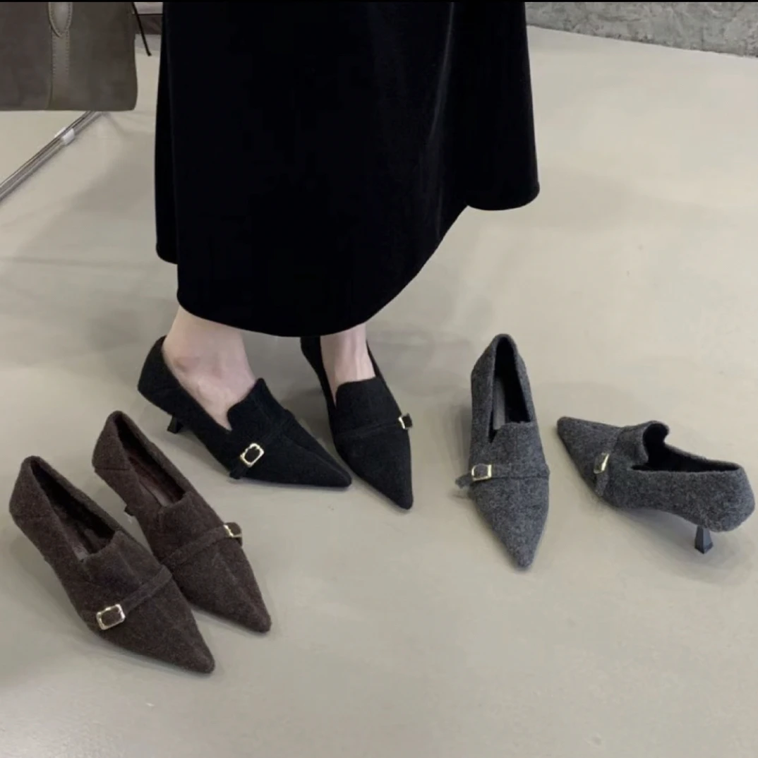 法式复古尖头加绒毛呢高跟鞋女细跟深口单鞋通勤气质不累脚棉鞋