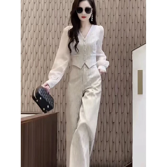 秋季高档百搭气质时尚修身显瘦名媛风女两件套V领衬衫+阔腿裤套装