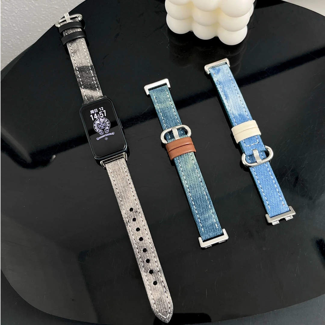 适用华为手环表带9/8牛仔扎染智能运动手环7NFC版个性复古女腕带