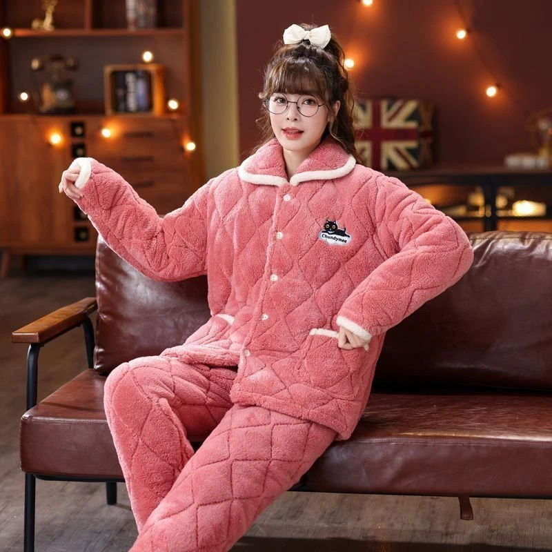 珊瑚绒睡衣女冬季加厚加绒三层棉睡衣法兰绒冬天家居服套装可外