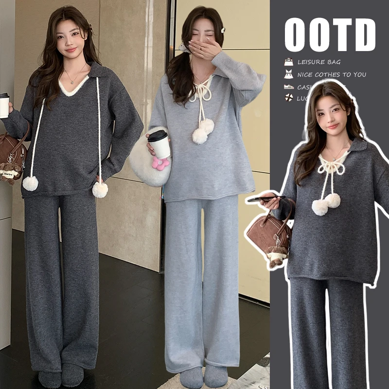 2025秋冬新款孕妇可爱慵懒宽松连帽新款简约休闲风两件套秋冬套装