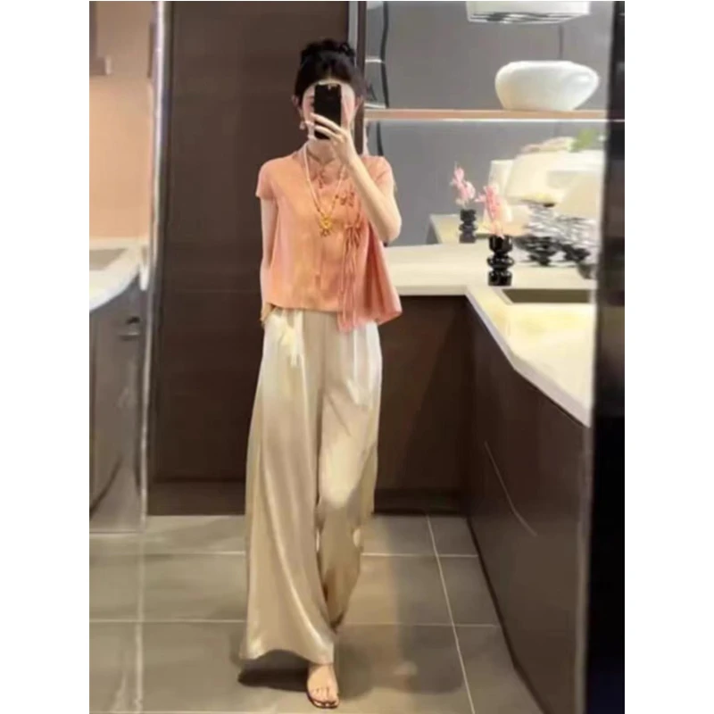 2025夏季新中式国风套装女提花盘扣短袖上衣时尚高腰百搭阔腿裤女