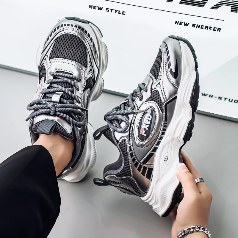 男鞋2025夏季新款网面透气休闲运动鞋小众设计波浪厚底增高老爹鞋