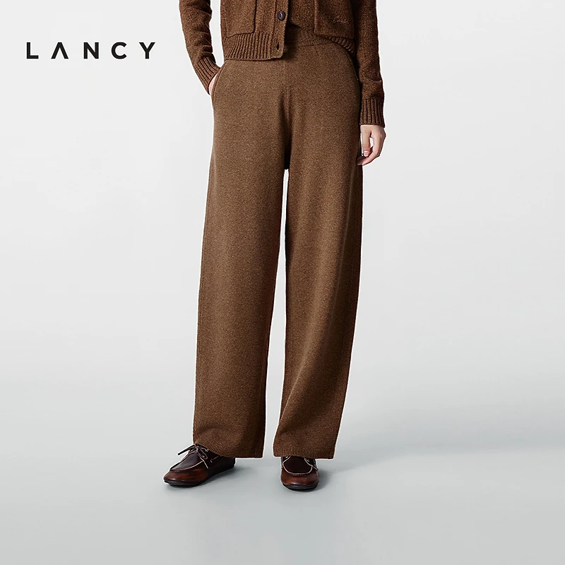 【纯羊毛】LANCY/朗姿2025冬新款简约直筒休闲裤女秋高腰针织长裤