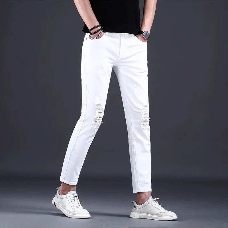 潮流破洞白色九分牛仔裤男修身小脚男裤2025新款百搭休闲9分裤子