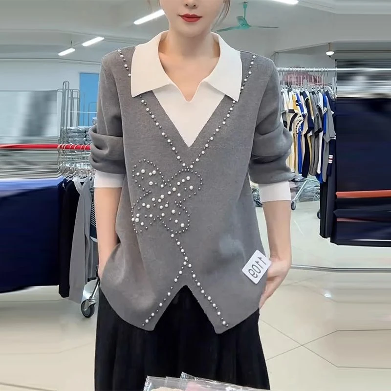 衬衫领假两件灰色针织衫女士长袖秋冬季新款洋气时尚钉珠打底上衣