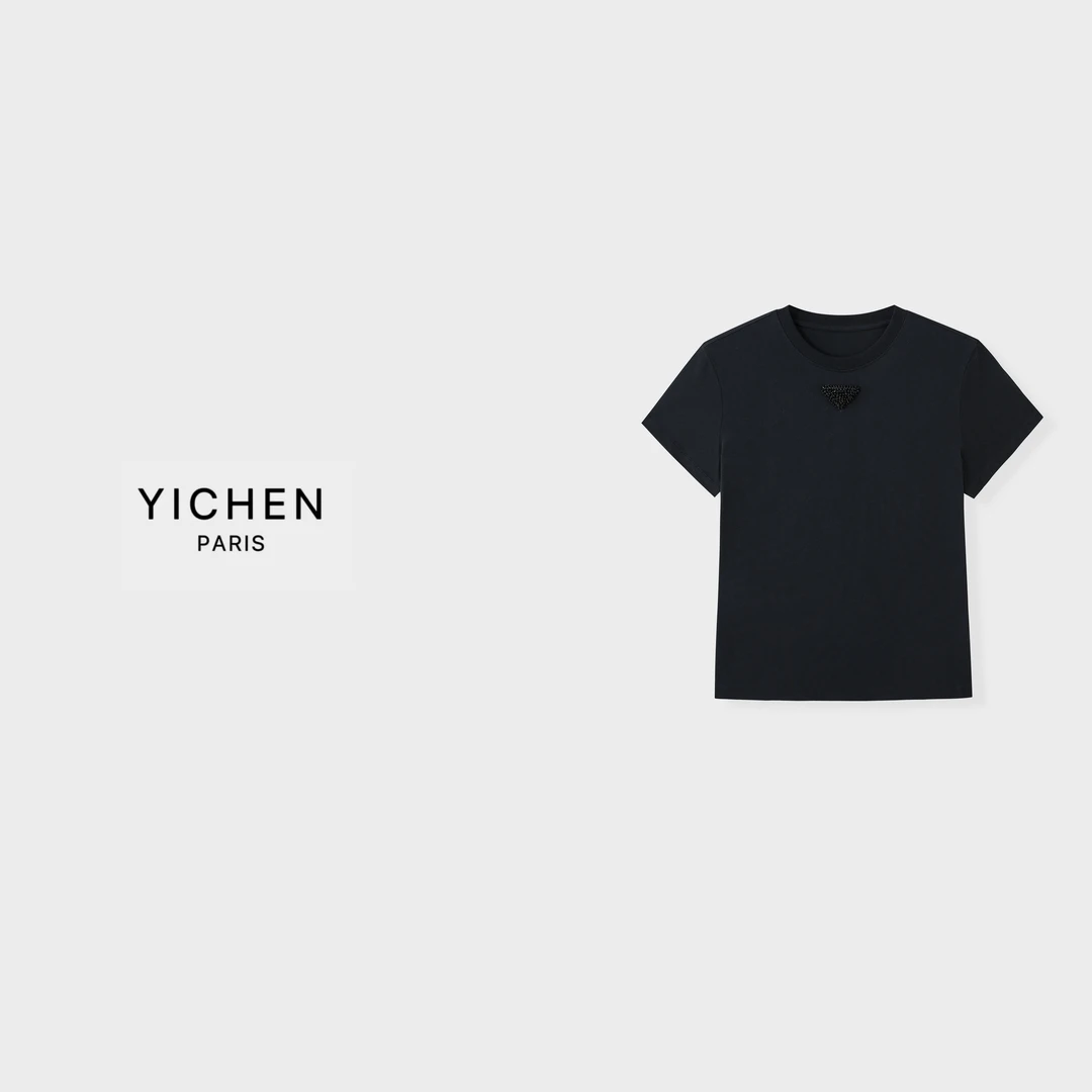 YC 黑色手工钉珠三角标圆领显瘦T恤-3261