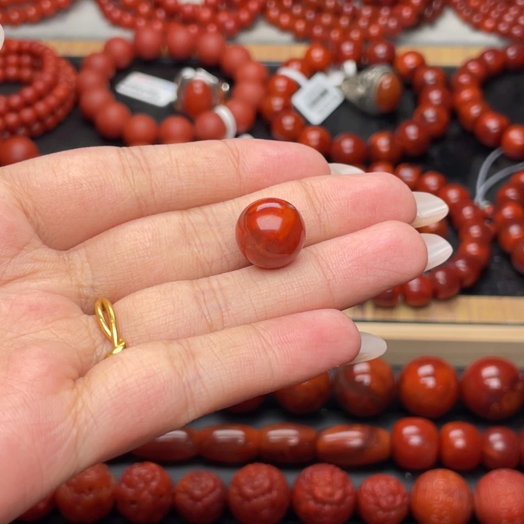 菩***提南红玛瑙未镶嵌手串Y13mm牛血火焰单珠