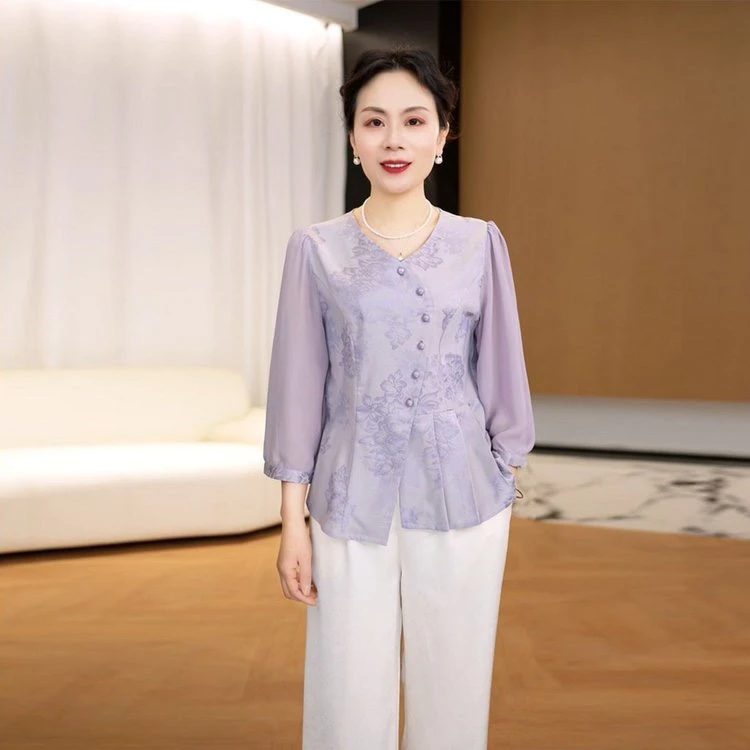 2025夏中年妈妈新中式国风小衫洋气上衣中老年女装气质七分袖上衣