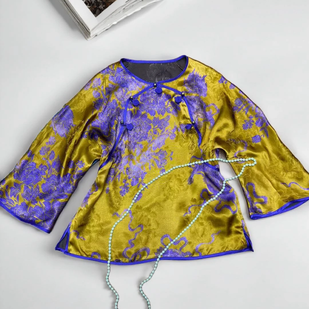 5606《双龙戏珠》新中式时尚百搭国风香云纱老锻提花上衣