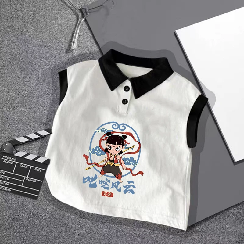叱咤风云2025夏季男女童纯棉无袖卡通印花哪吒流行儿童Polo领背心