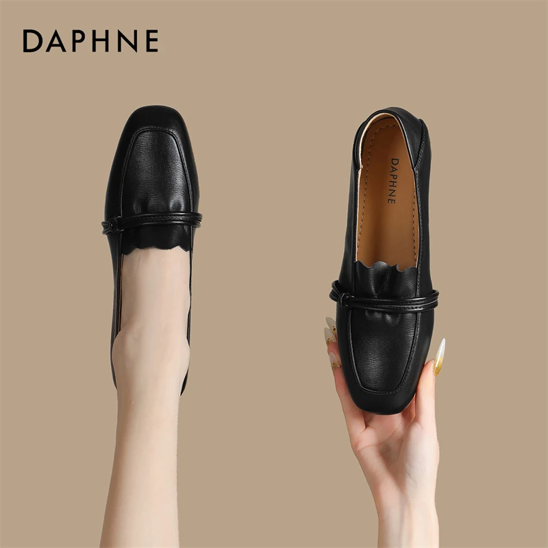 达芙妮方头一脚蹬浅口厚底乐福鞋女2025新款小皮鞋复古粗跟单鞋