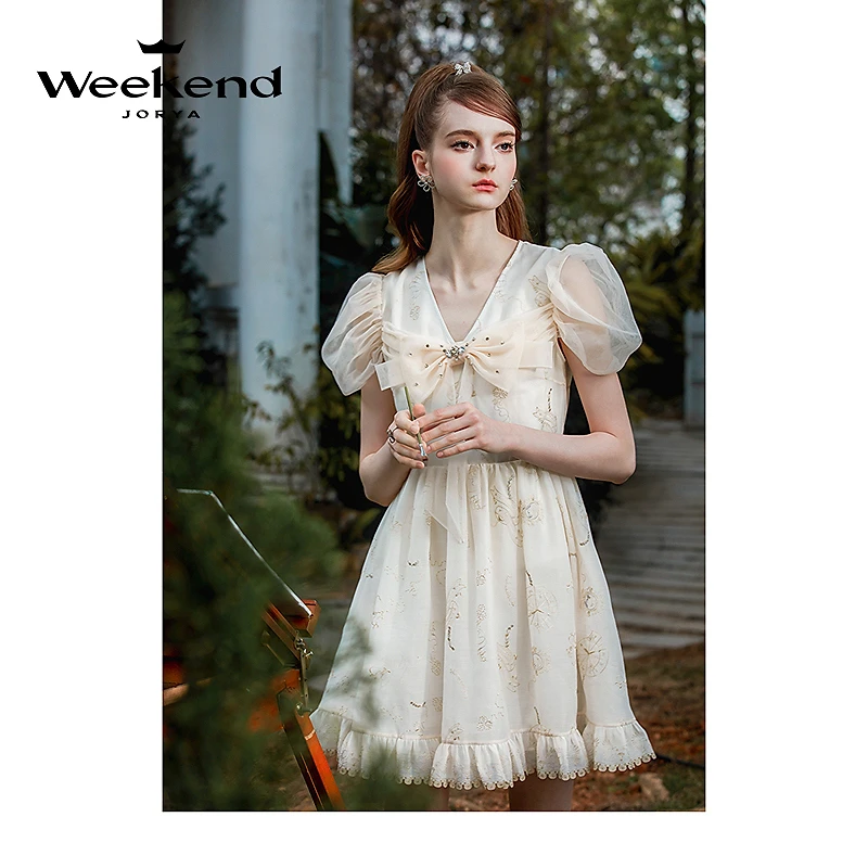 卓雅周末气质V领蝴蝶结泡泡袖蕾丝连衣裙EJWEBX13