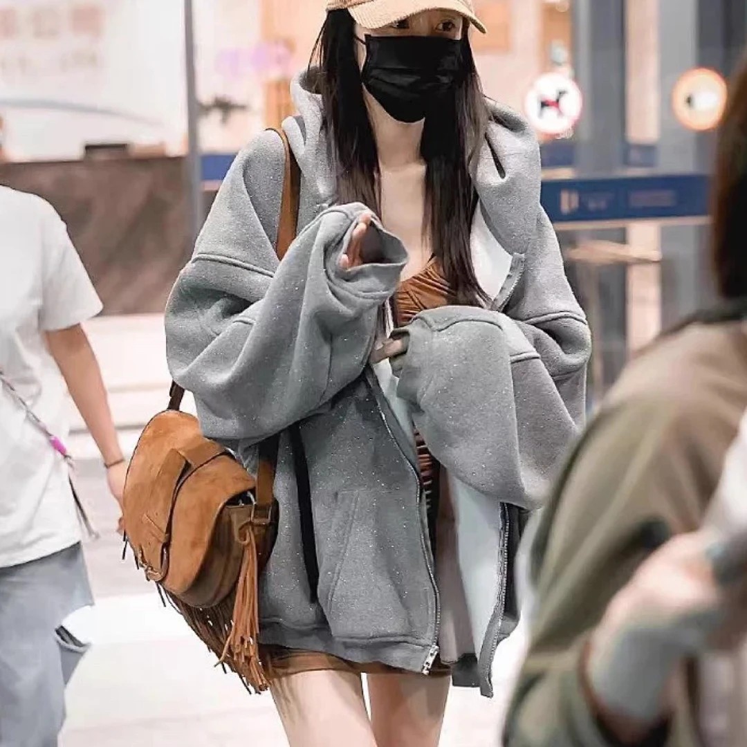 吴大大-灰色细闪粉连帽外套女2025新款高级宽松加厚拉链卫衣开衫