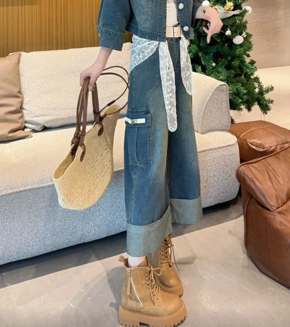 x3207 CC推荐 蕾丝腰带阔腿翻边九分牛仔裤