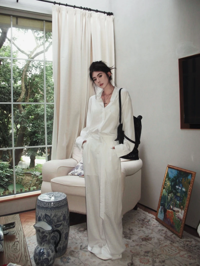 新款慵懒松弛感自制气质衬衫套装垂感休闲阔腿裤女装衬衫开衫套装