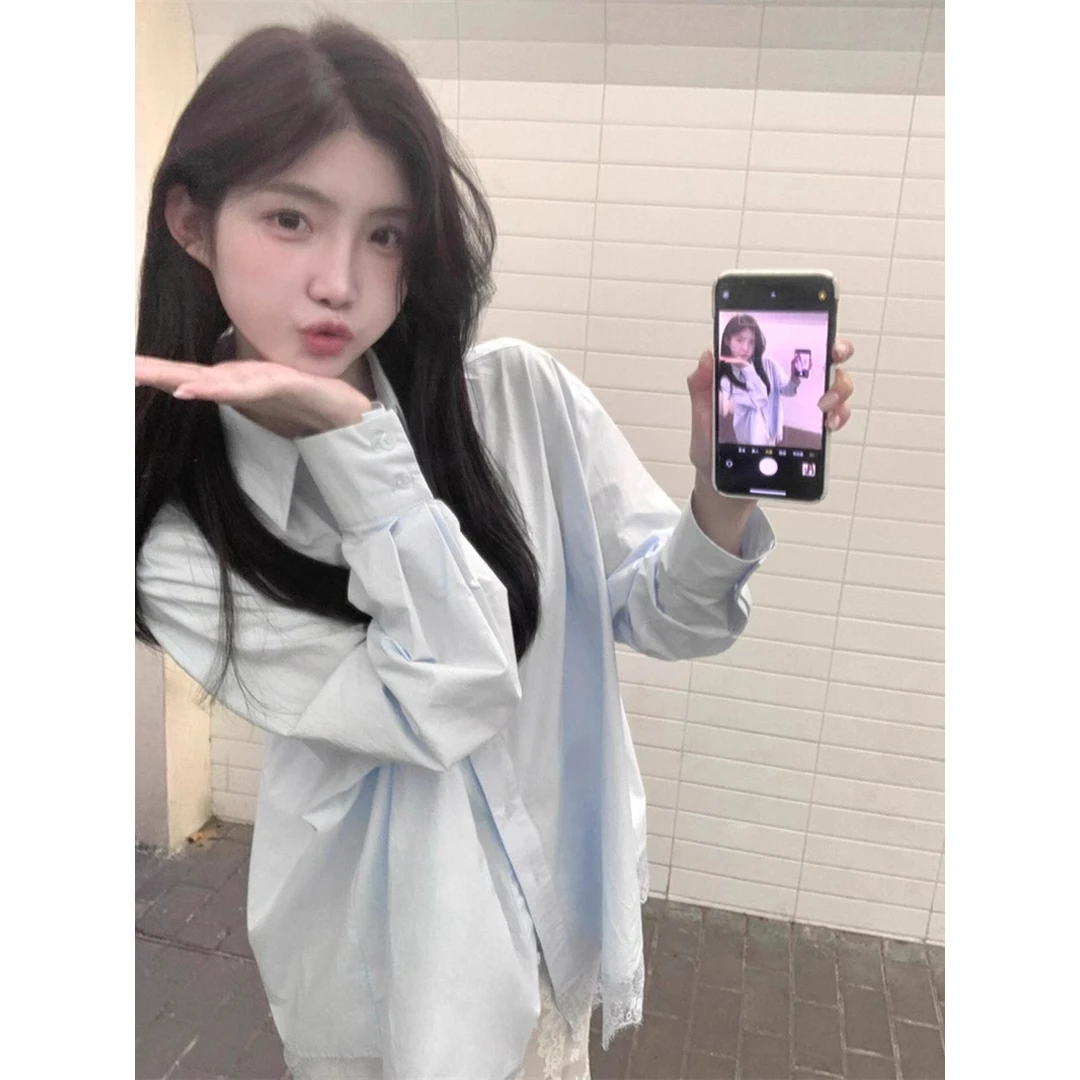 实价现货法式度假风女夏季蓝色polo领衬衫蕾丝鱼尾半身裙两件套夏