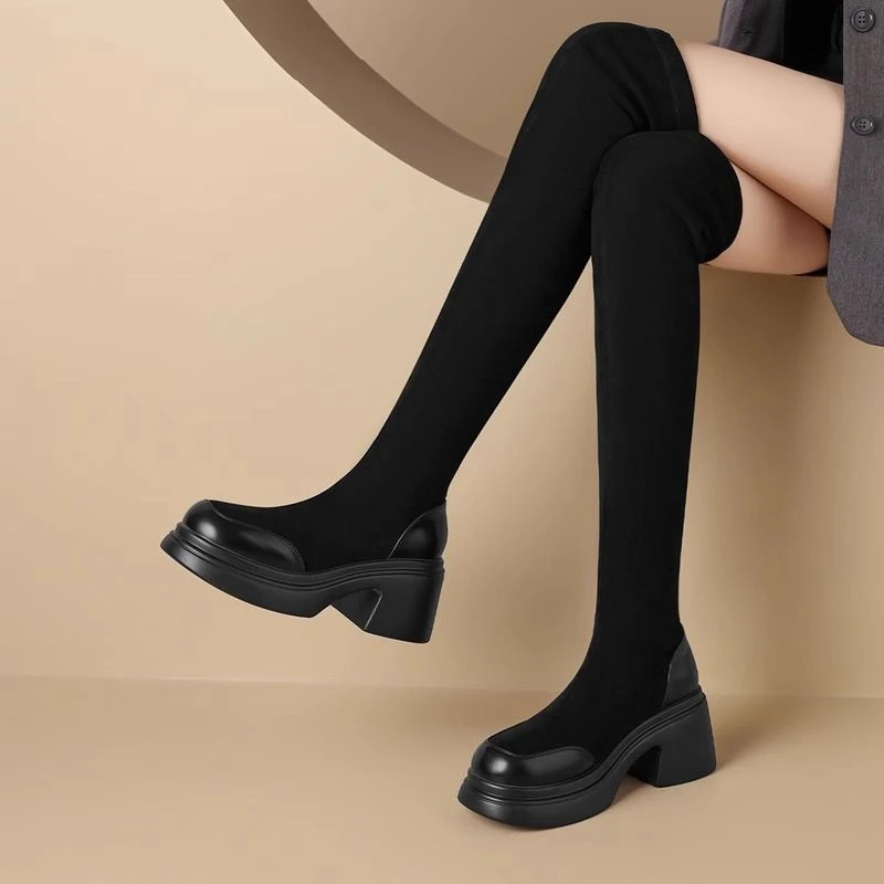 厚底过膝长靴女高筒靴2024秋冬新款小个子百搭加绒显瘦弹力瘦瘦靴