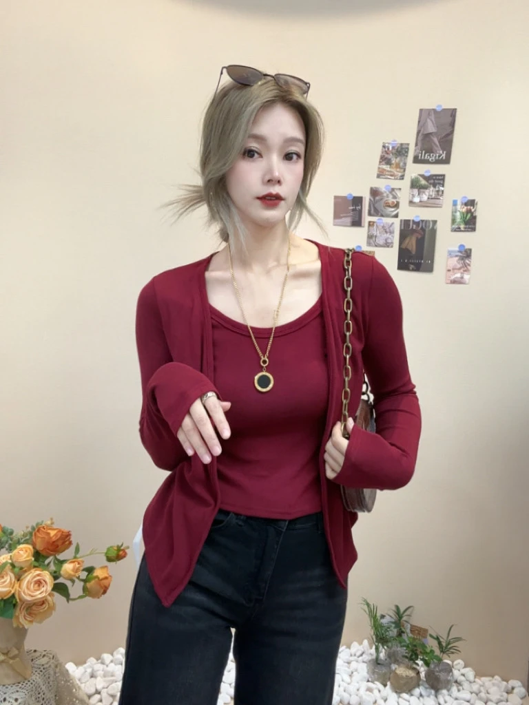 【圆领假两件】气质优雅长袖开衫女T恤2025秋季显瘦百搭时尚修身