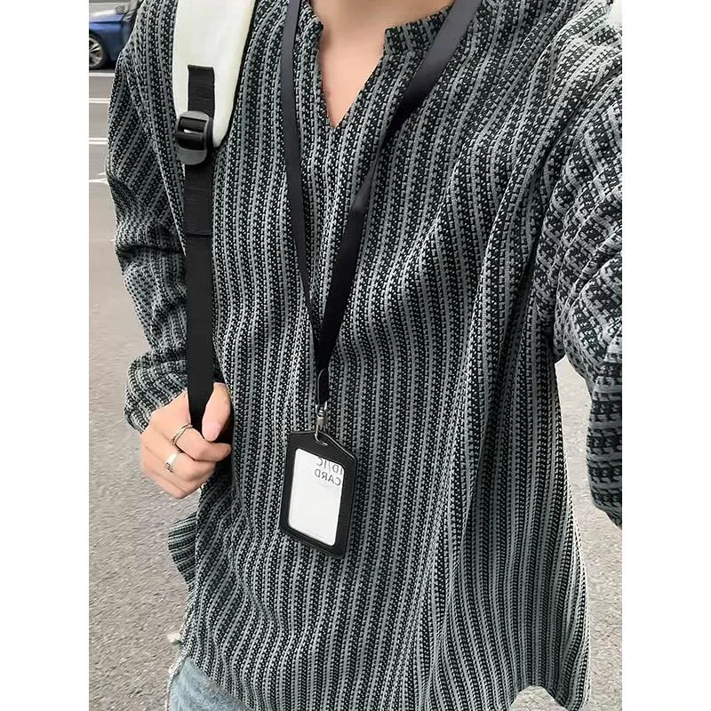 春秋季新款条纹长袖T恤男装宽松休闲百搭上衣潮流帅气打底衫上衣