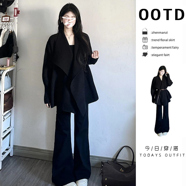 2025新款秋冬季韩系高级感黑色翻领针织开衫毛衣外套女秋冬小个子