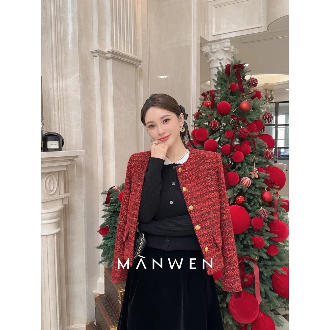【曼文kiki】“鎏金红玫瑰”高定幸运红粗花呢小香外套 MANQ566