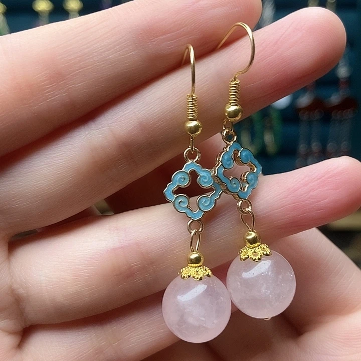 石英质玉耳钉银S925镶嵌