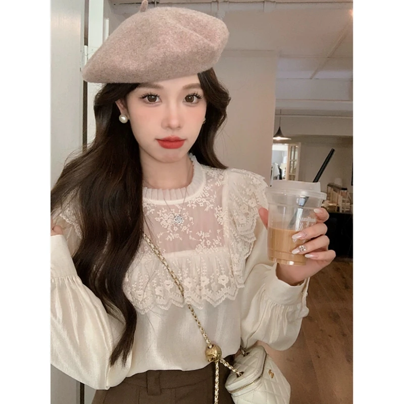 【青仓现货】安璃 气质蕾丝拼接衬衣宫廷风精致女生显瘦上衣木耳边