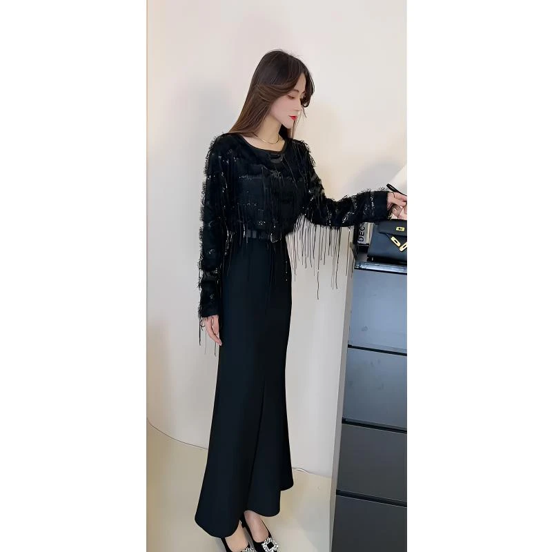 含腰带/名媛风气质洋气圆领重工流苏打底衫女中长款显瘦鱼尾裙