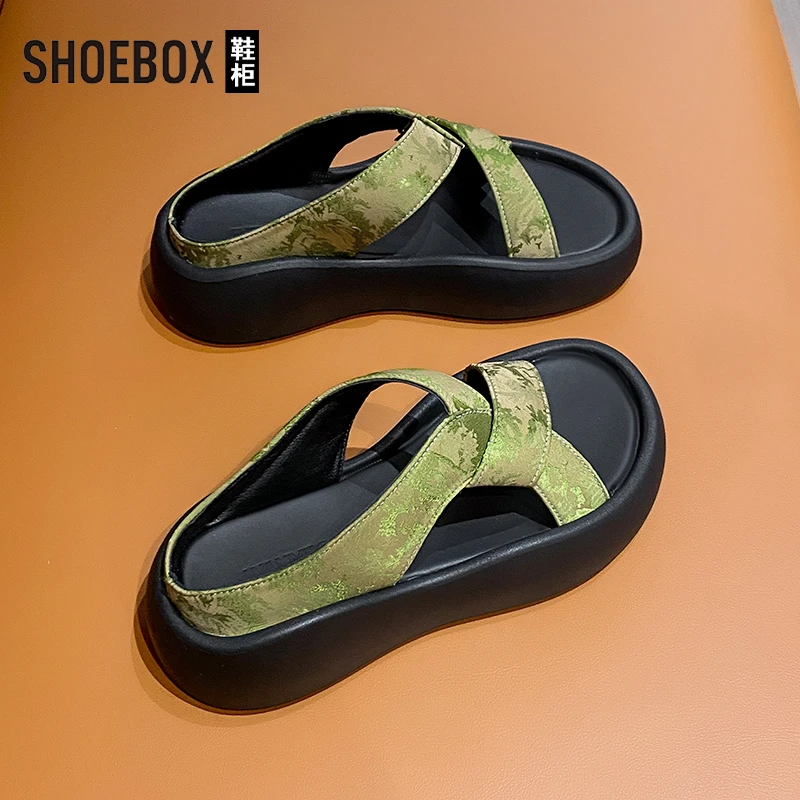 SHOEBOX鞋柜凉拖鞋女外穿2025新款时尚软底孕妇厚底一字拖鞋女款