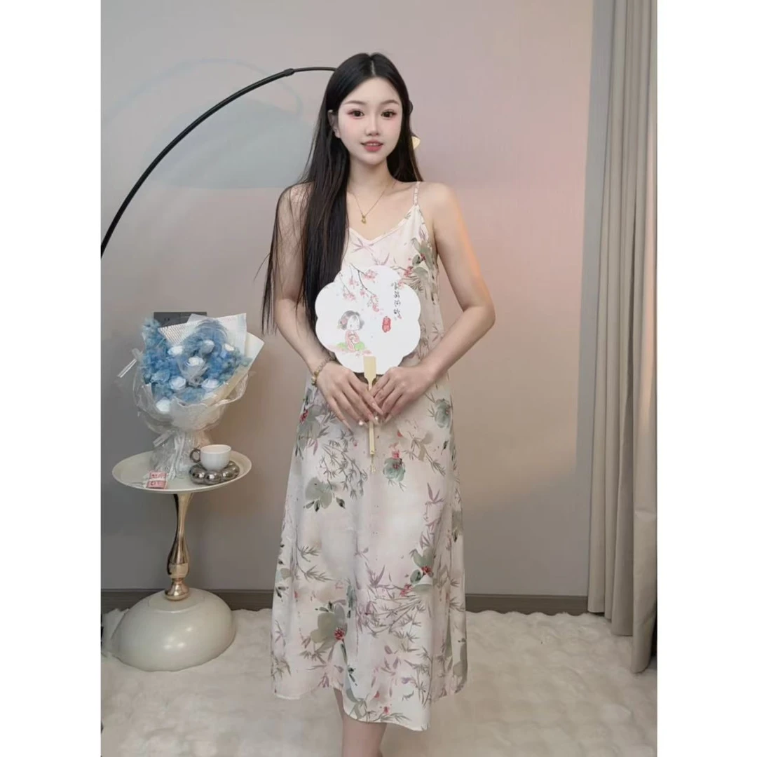 夏季新款印花吊带法式连衣裙吊带裙醋酸缎面长裙气质显瘦裙子小小