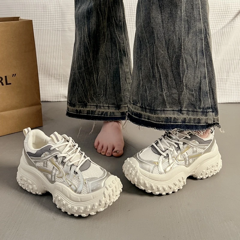 轮胎鞋女鞋2025新款春秋鞋子白色老爹鞋厚底增高榴莲百搭运动鞋子