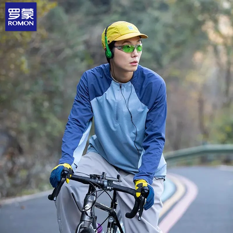 罗蒙2025春秋季新款男士T恤立领半拉链透气拼色弹力长袖宽松上衣