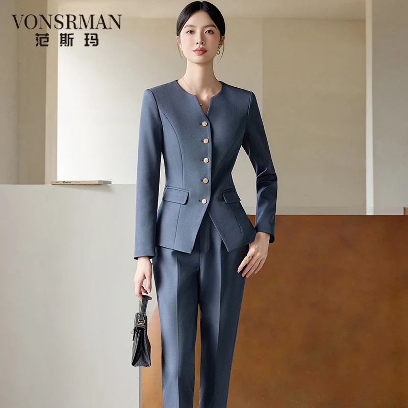 灰色职业西装套装女2025新款春秋高级感珠宝店前台经理工装工作服