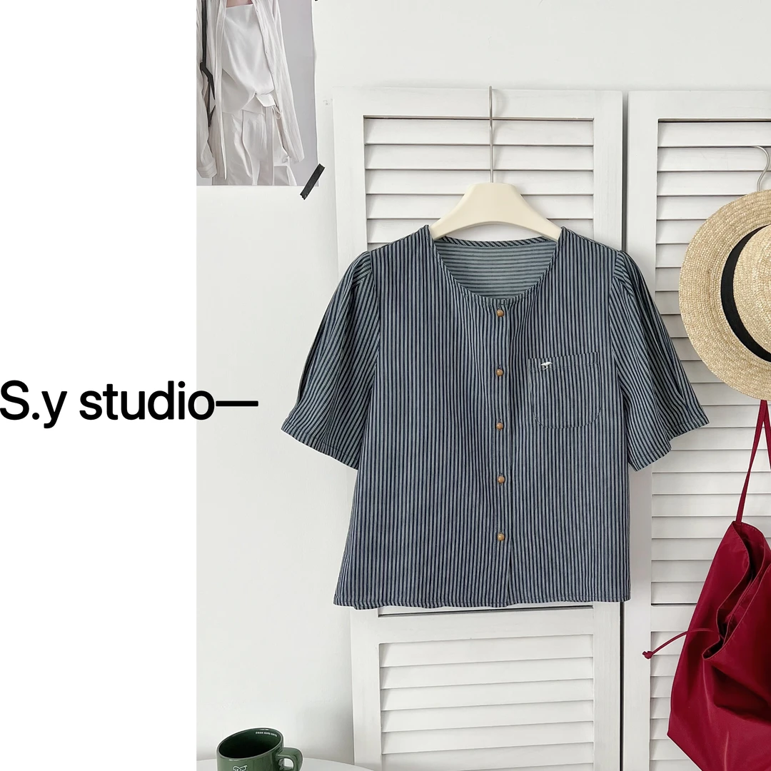 颖小颖韩系牛仔减龄银杏叶刺绣条纹短袖衬衫洋气衣服女