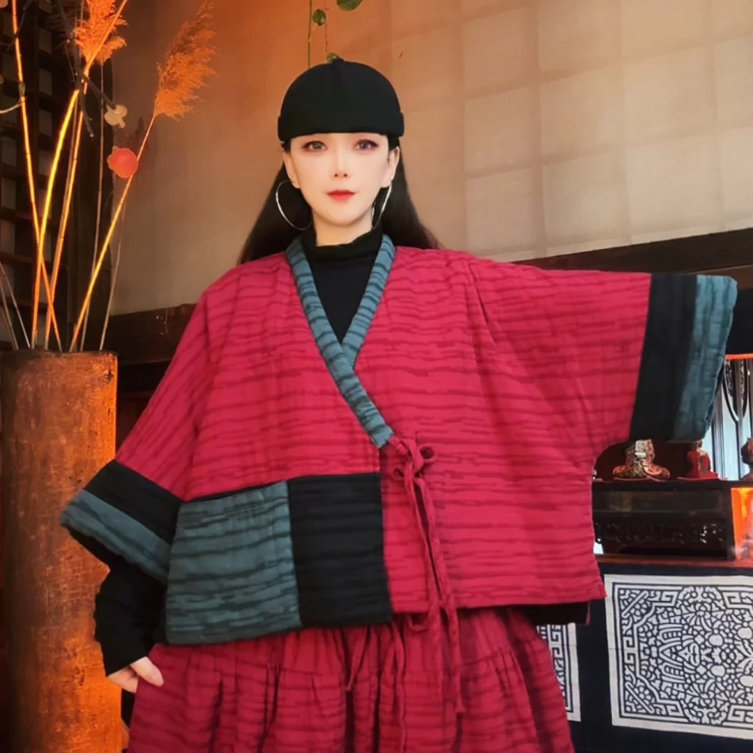 東森家设计师新款宽松百搭条纹拼接绑带棉袄