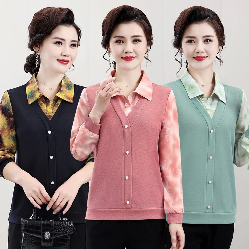 中老年女装春季时尚妈妈装休闲拼接假两件春秋宽松翻领衬衫洋气衫